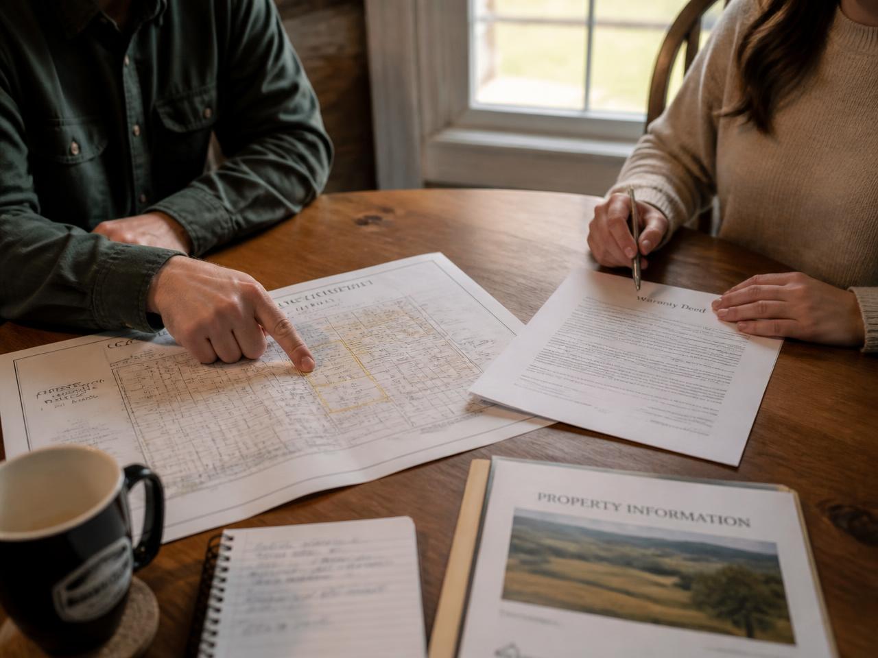 Two people reviewing a county plat map and a warranty deed at a table