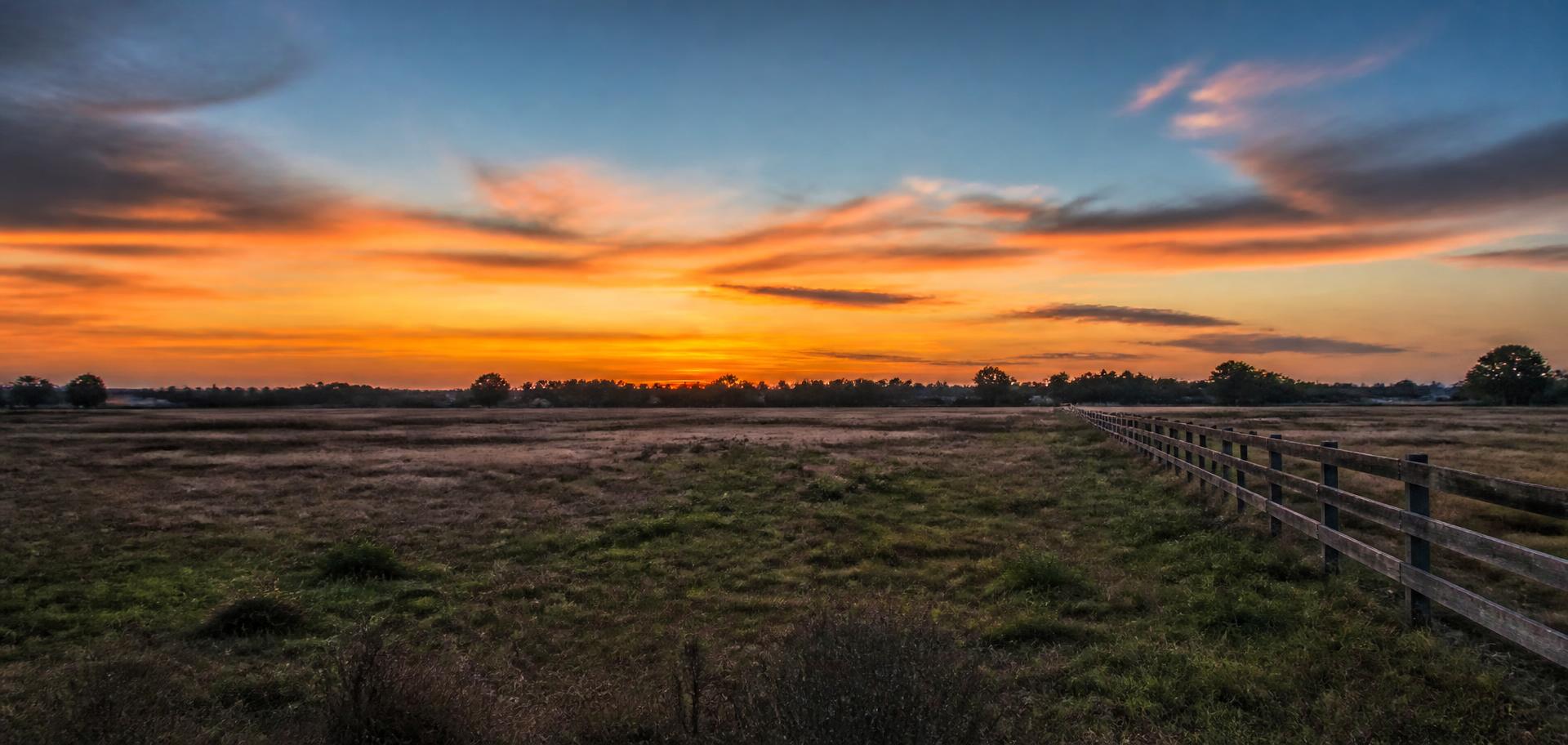 Open field with a wooden fence line at dusk