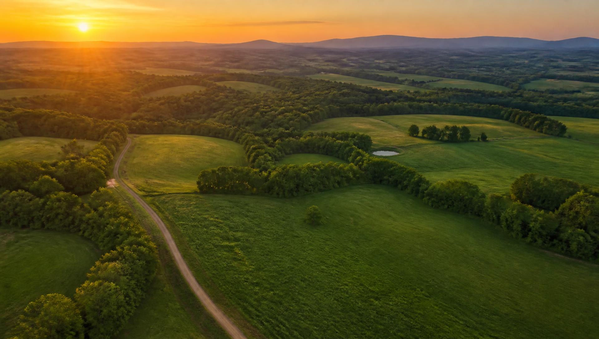 Aerial view of rolling rural land at sunset with a dirt access road